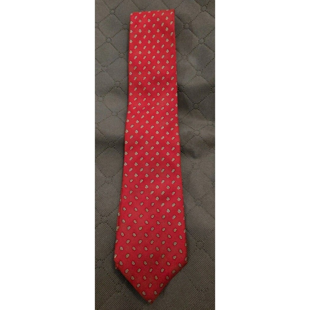 Vintage Yves Saint Laurent 100% silk necktie, red w/ geometric medallion